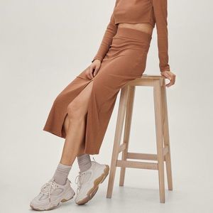 NastyGal Ribbed MIDI BodyCon Skirt Cut Out Slit with Knot & Tie String